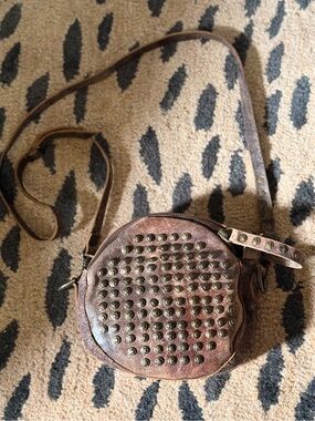 Frye Brown Studded Round Distressed Leather Crossbody
